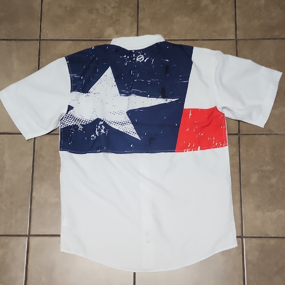 Magellan Lake Fork Fishing Shirt Men's Medium Vented Texas Flag Red White Blue S